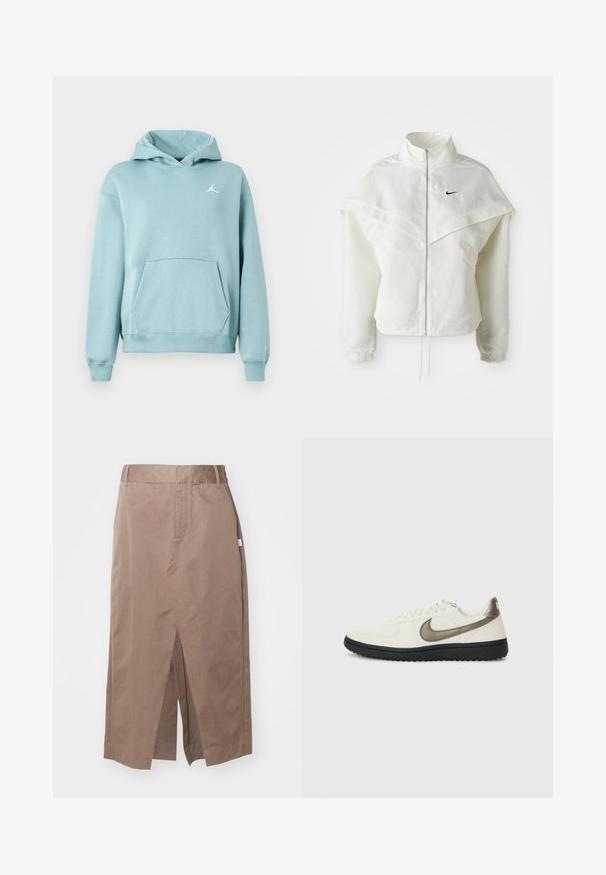 Hvit langermet jakke med glidelås og høy krage, kappe-lignende detaljer over skuldrene, elastiske mansjetter, og liten svart Nike-logo på brystet.; Lys teal hettegenser med kengurulomme, ribbede mansjetter og hem, og en hvit Jordan-logo på venstre bryst. Myk stofftekstur.; Brun bomullskjørt med en rett design, som har en frontspalte, sidelommer, og et standard liv. Jevn tekstur og tilpassede sømmer.; Nike Sportswear FIELD GENERAL - Joggesko - off-white/black