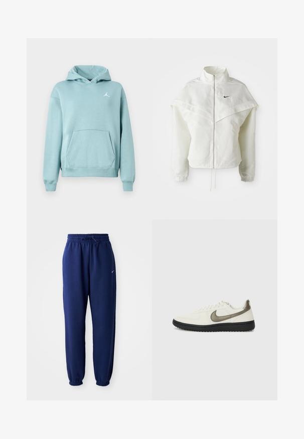 Valkoinen pitkähihainen vetoketjullinen takki korkealla kauluksella, viittamainen yksityiskohta olkapäillä, joustavat hihansuut ja pieni musta Nike-logo rinnassa.; Vaalean teal huppari, jossa on kenguru-tasku, ribbaantuneet hihansuut ja helma, sekä valkoinen Jordan-logo vasemmassa rinnassa. Pehmeä kankaan pinta.; Tummansiniset collegehousut pehmeästä kankaasta, joissa on joustava vyötärönyöri, joustavat hihansuut ja pieni valkoinen logo.; Nike Sportswear FIELD GENERAL - Matalavartiset tennarit - off-white/black