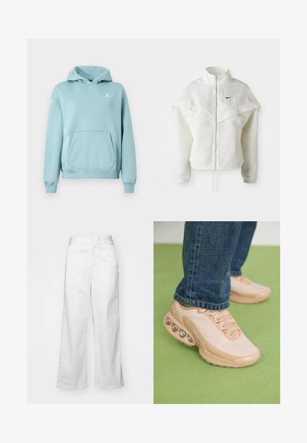 White long-sleeve zip-up jacket with high collar, cape-like detail across shoulders, elastic cuffs, and small black Nike logo on chest.; Light teal hoodie with a kangaroo pocket, ribbed cuffs and hem, and a white Jordan logo on the left chest. Soft fabric texture.; White wide-leg trousers made from cotton, featuring a smooth texture, straight fit, front pockets, and a clean hem.; Light beige athletic shoes feature a mesh upper, rubber sole, and rounded accents with metallic details. Worn with blue jeans on a green surface.
