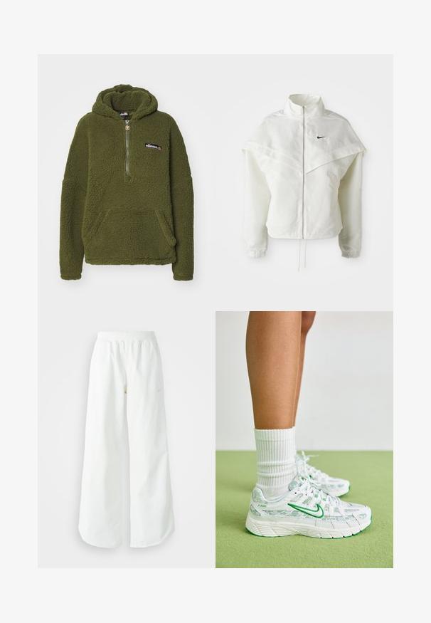 Weiße langärmlige Zip-Jacke mit hohem Kragen, cape-artigem Detail über den Schultern, elastischen Bündchen und kleinem schwarzen Nike-Logo auf der Brust.; Ellesse ZEPPY - Kapuzenpullover - khaki; Weiße, weit geschnittene Sporthose mit einem gerippten Bund und dezentem Logo-Detail. Glattes Material mit lockerer Passform und schmal zulaufendem Saum.; Nike P-6000 Sneaker in Weiß mit grünen Akzenten, ausgestattet mit einem strukturierten Design, einem Mesh-Obermaterial und gemusterten Überzügen. Getragen mit weißen Rippensocken.