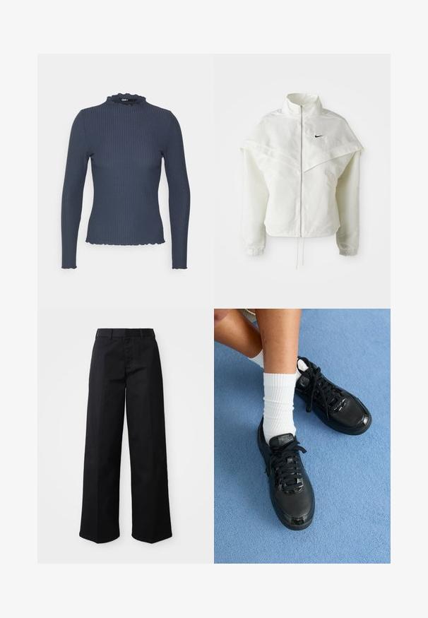 Balta ilga rankovė zip-up striukė su aukštu apykakle, švarkelio tipo detalėmis ant pečių, elastingomis rankovėmis ir mažuoju juodu Nike logotipu ant krūtinės.; Džemperis su ilgomis rankovėmis, pagamintas iš vatinės tekstūros. Jame yra aukštas kaklas su banguotu kraštu ir liesas siluetas.; Juodos plačios kelnės, pagamintos iš minkštos medvilnės. Yra klasikinė juosmens juosta, šoninės kišenės ir tiesus kirpimas iki hemų.; Juodi Nike sportbačiai turi tekstūruotą viršutinę dalį, blizgius akcentus ir apvalius raiščius. Jie derinami su baltais banguotais kojinėmis ant šviesiai mėlynos paviršiaus.