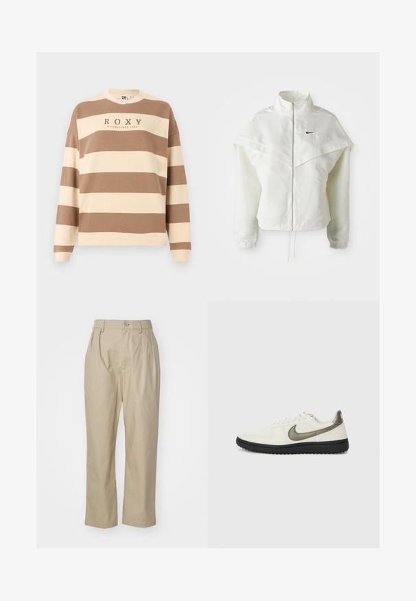 Jaqueta branca de mangas longas com fecho éclair e gola alta, detalhe tipo capa nos ombros, punhos elásticos e pequeno logótipo preto da Nike no peito.; Sweatshirt listrado em castanho e creme com decote redondo e ombros caídos. Apresenta "ROXY ESTABLISHED 1990" ao centro. Material em mistura de algodão.; Calças bege em algodão, com um corte descontraído, pregas frontais, fecho com um único botão e pernas retas com bainhas cosidas.; Nike Sportswear FIELD GENERAL - Sapatilhas - off-white/black