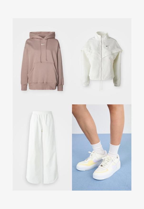 Bela jakna z dolgimi rokavi in zadrgo, visokim ovratnikom, plaščastim detajlom čez ramena, elastičnimi manšetami in majhnim črnim logotipom Nike na prsih.; Pulover s kapuco v svetlo bež barvi, izdelan iz mehkega blaga; ima sprednji žep in bel logotip na prsih.; Bela športna hlače širokega kroja z rebrastim pasom in diskretno logotipno podrobnostjo. Gladek material z sproščenim krojem in zoženim robom.; Bele usnjene superge z rumenimi in sivimi poudarki, okrogla noska, ravne vezalke in teksturiran gumen podplat. Nosi se z belimi nogavicami.
