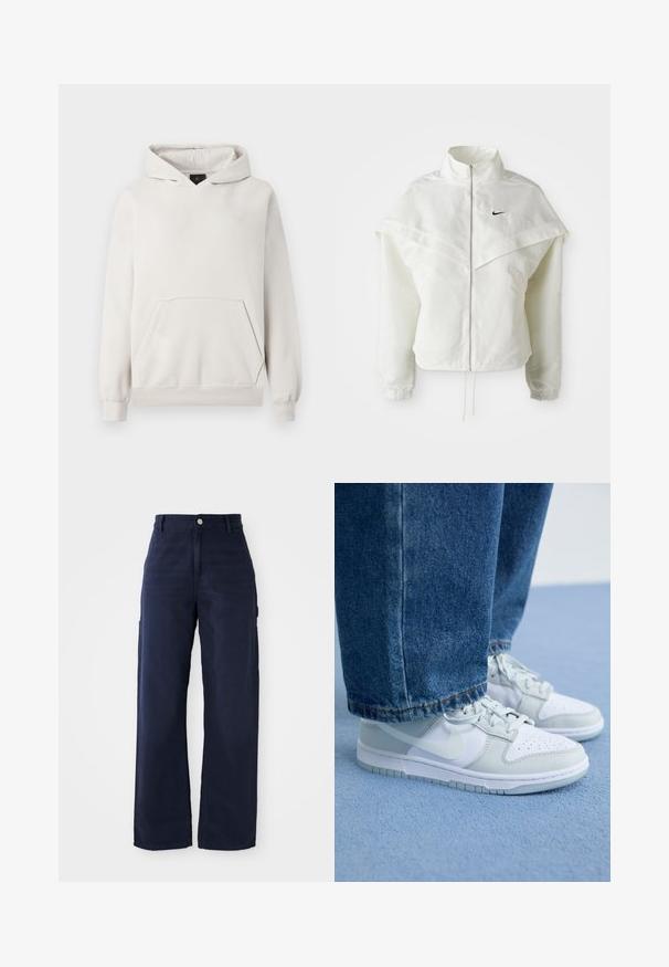 Bjela jakna dugih rukava s patentnim zatvaračem i visokim ovratnikom, s kapastim detaljima preko ramena, elastičnim manžetama i malim crnim Nike logom na prsima.; Svijetlosiva dukserica od mekog materijala. Ima kenguruhu pocket, rebraste manšete i mali bijeli logo na prsima.; Mornarskoplave široke cargo hlače od čvrste pamučne tkanine, sa bočnim džepovima i dugmetom za zatvaranje u struku.; Nike tenisice u bijeloj i svijetlo sivoj koži s perforiranim prstima, ravnom vezicom i gumenim đonom, uparenim s plavim trapericama.