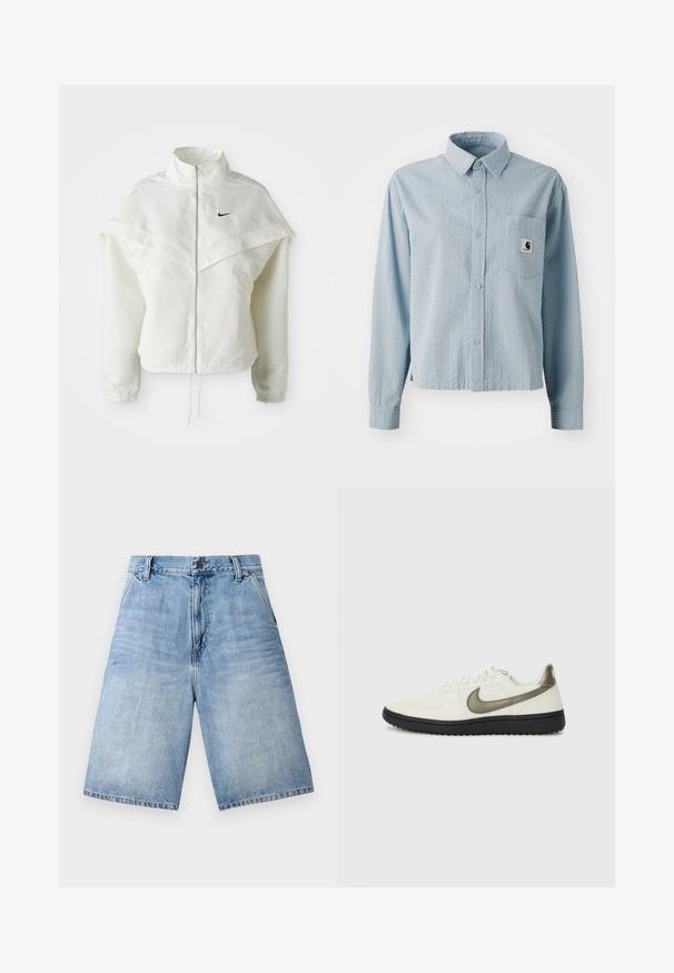 Bela jakna z dolgimi rokavi in zadrgo, visokim ovratnikom, plaščastim detajlom čez ramena, elastičnimi manšetami in majhnim črnim logotipom Nike na prsih.; Svetlo modra, s dolgimi rokavi, s button-up zapenjanjem s teksturiranim vzorcem, prsna žepek in blagovna znamka na žepu. Narejena iz tkanine.; Svetlo modri kavbojki šortki z ohlapnim krojem, petimi žepi in gumbom na pasu. Ob robovih nog je raztrgan rob.; Nike Sportswear FIELD GENERAL - Športni copati - off-white/black