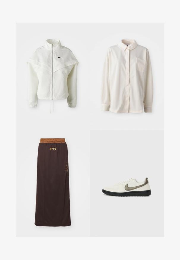 Fehér, hosszú ujjú, zipzáras dzseki magas gallérral, a vállakon lebegő, köpenyszerű résszel, rugalmas mandzsettákkal és kis fekete Nike logóval a mellkason.; Fehér galléros, gombos ing függőleges csíkokkal, hosszú ujjakkal, egyetlen mellzsebbel, sima anyagból, puha tapintású.; Nike Sportswear Maxiszoknya - velvet brown/light british tan; Nike Sportswear FIELD GENERAL - Sportcipő - off-white/black