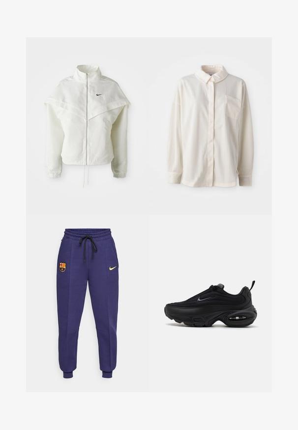Balta ilga rankovė zip-up striukė su aukštu apykakle, švarkelio tipo detalėmis ant pečių, elastingomis rankovėmis ir mažuoju juodu Nike logotipu ant krūtinės.; Balta apykaklė mygtukų laikymo marškiniai su vertikaliomis juostelėmis, ilgomis rankovėmis, vienu krūtiniu kišeniu, pagaminti iš lygaus audinio su minkšta tekstūra.; Nike treningai tamsiai purpurinės spalvos su raištelių juosta, šoninėmis kišenėmis ir geltonu logotipu. Papuošti siuvinėtu FC Barcelona emblemą.; Juodas sportinis batas su lygiu, tekstūruotu paviršiumi. Turi apvalų nosį, paminkštintą apykaklę ir matomą oro pagalvę padais.