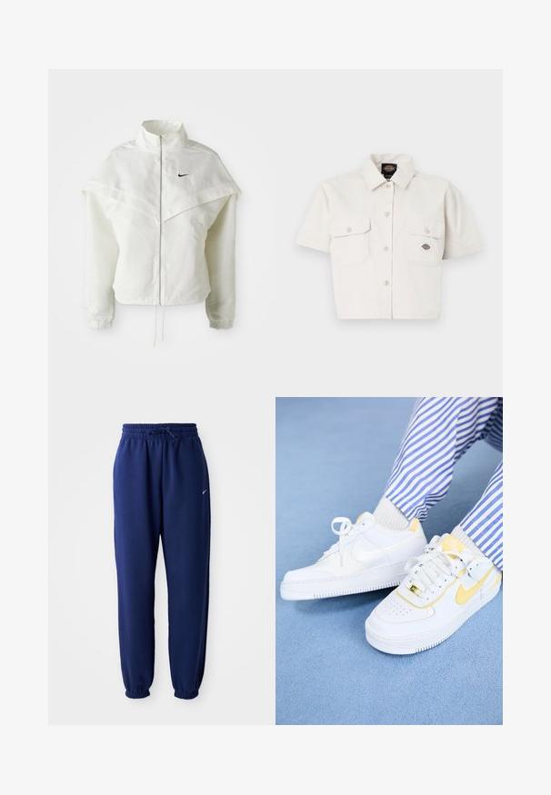 Weiße langärmlige Zip-Jacke mit hohem Kragen, cape-artigem Detail über den Schultern, elastischen Bündchen und kleinem schwarzen Nike-Logo auf der Brust.; Kurze ärmelige, cropped weiße Bluse aus Baumwolle mit zwei Brusttaschen, Knopfleiste vorne und einem Logopatch auf der linken Tasche.; Dunkelblaue Sweatpants aus weichem Material, mit einem elastischen Bund und Kordelzug, elastischen Bündchen und einem kleinen weißen Logo.; Weiße Nike Air Force 1 Sneaker mit gelben Akzenten und gelochtem Zehenbereich, kombiniert mit gestreiften blauen und weißen Hosen. Texturierter blauer Hintergrund.