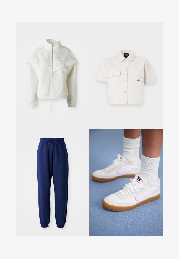 Fehér, hosszú ujjú, zipzáras dzseki magas gallérral, a vállakon lebegő, köpenyszerű résszel, rugalmas mandzsettákkal és kis fekete Nike logóval a mellkason.; Rövid ujjú, cropped fehér ing, pamutból készült, két mellzsebbel, gombos elejével és logós folttal a bal zseben.; Navy kék sportnadrág puha anyagból, elasztikus derékpánttal és zsinórral, elasztikus mandzsettákkal és egy kis fehér logóval.; Fehér vászon sportcipők világoslila Nike pipa logóval, gumi talppal és lapos fűzővel. Fehér, bordázott zoknival viselve, kék háttér előtt.