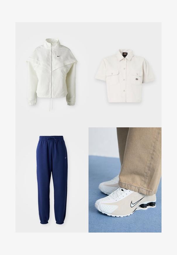 Jaqueta branca de mangas longas com fecho éclair e gola alta, detalhe tipo capa nos ombros, punhos elásticos e pequeno logótipo preto da Nike no peito.; Camisa branca de algodão, de mangas curtas e cropped, com dois bolsos no peito, fecho de botões na frente e um patch com logotipo no bolso esquerdo.; Calças de fato de treino azul marinho feitas de um tecido suave, com uma cintura elástica com cordão, punhos elásticos e um pequeno logótipo branco.; Tênis Nike brancos e bege com design perfurado, logotipo Swoosh preto, parte superior texturizada e um distintivo calcanhar preto com mola.