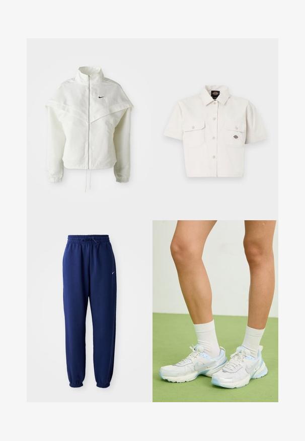 Bílá dlouhá zipová bunda s vysokým límcem, pláštěnkovým detailem přes ramena, elastickými manžetami a malým černým logem Nike na hrudi.; Krátký rukáv, zkrácená bílá košile vyrobená z bavlny, se dvěma kapsami na hrudi, zapínáním na knoflíky vpředu a logem na levé kapse.; Tmavě modré tepláky vyrobené z měkké látky, se elastickým pasem se šňůrkou, elastickými manžetami a malým bílým logem.; Bílé a světle modré sportovní boty vyrobené z prodyšných a syntetických materiálů, zdobené texturovanými detaily, zaobleným tvarem a polstrovanou podrážkou.