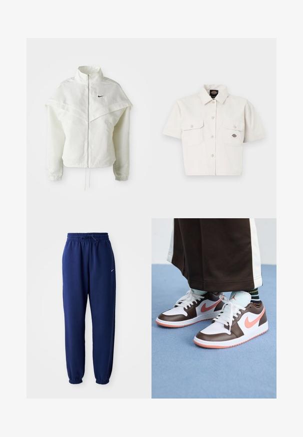 Fehér, hosszú ujjú, zipzáras dzseki magas gallérral, a vállakon lebegő, köpenyszerű résszel, rugalmas mandzsettákkal és kis fekete Nike logóval a mellkason.; Rövid ujjú, cropped fehér ing, pamutból készült, két mellzsebbel, gombos elejével és logós folttal a bal zseben.; Navy kék sportnadrág puha anyagból, elasztikus derékpánttal és zsinórral, elasztikus mandzsettákkal és egy kis fehér logóval.; Fehér és barna Nike Air Jordan sportcipők rózsaszín kiemelésekkel, alacsony szárú dizájnnal, fehér fűzőkkel és texturált gumitalppal.