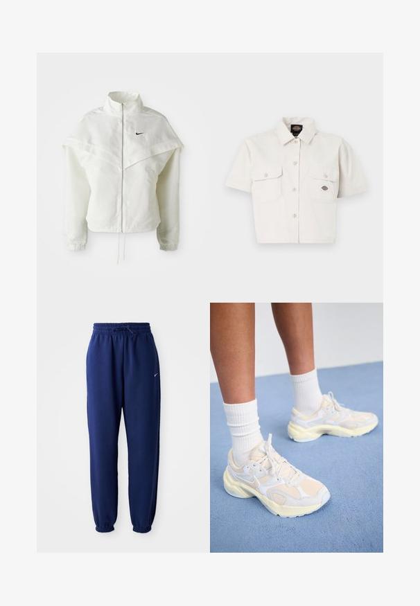 Hvit langermet jakke med glidelås og høy krage, kappe-lignende detaljer over skuldrene, elastiske mansjetter, og liten svart Nike-logo på brystet.; Kortermet, kort topp i hvit bomull med to brystlommer, knappestolpe foran og et logo-merke på venstre lomme.; Mørkeblå joggebukser laget av mykt stoff, med elastisk linning med snøring, elastiske mansjetter og en liten hvit logo.; Smarte, atletiske sko i lys gul og hvit, med mesh- og syntetiske materialer, en avrundet form og teksturerte såler.