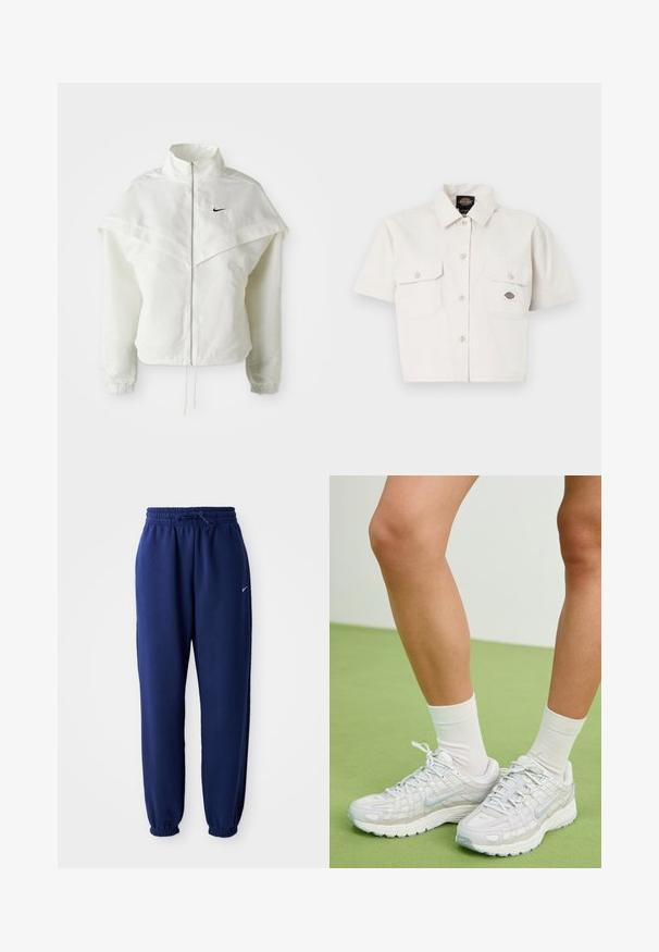 Hvit langermet jakke med glidelås og høy krage, kappe-lignende detaljer over skuldrene, elastiske mansjetter, og liten svart Nike-logo på brystet.; Kortermet, kort topp i hvit bomull med to brystlommer, knappestolpe foran og et logo-merke på venstre lomme.; Mørkeblå joggebukser laget av mykt stoff, med elastisk linning med snøring, elastiske mansjetter og en liten hvit logo.; Hvide Nike sneakers har en struktureret mesh-overdel, reflekterende accenter og en polstret sål. De er parret med hvide strømper og placeret mod grønne gulve.