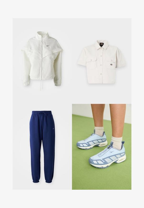 Valge pikkade varrukatega tõmblukuga jakk kõrge kraega, kätetooted, mis meenutavad katet õlgadel, elastsete mansettidega ja väikese musta Nike logoga rinnal.; Lühikeste varrukatega, lühikeseks lõigatud valgest puuvillast särk, millel on kaks rinnataskut, nööbid ees ja logopatch vasakus taskus.; Tumesinine dressipluus, mis on valmistatud pehmest kangast, elastse vöökoha ja nööriga, elastsete mansettide ning väikese valge logoga.; Heledad sinised spordijalatsid valgete detailidega, tekstuuriga paneelid ja tõmblukk. Omab nähtavat õhuklotsiga tallat ja kummist välispinda.