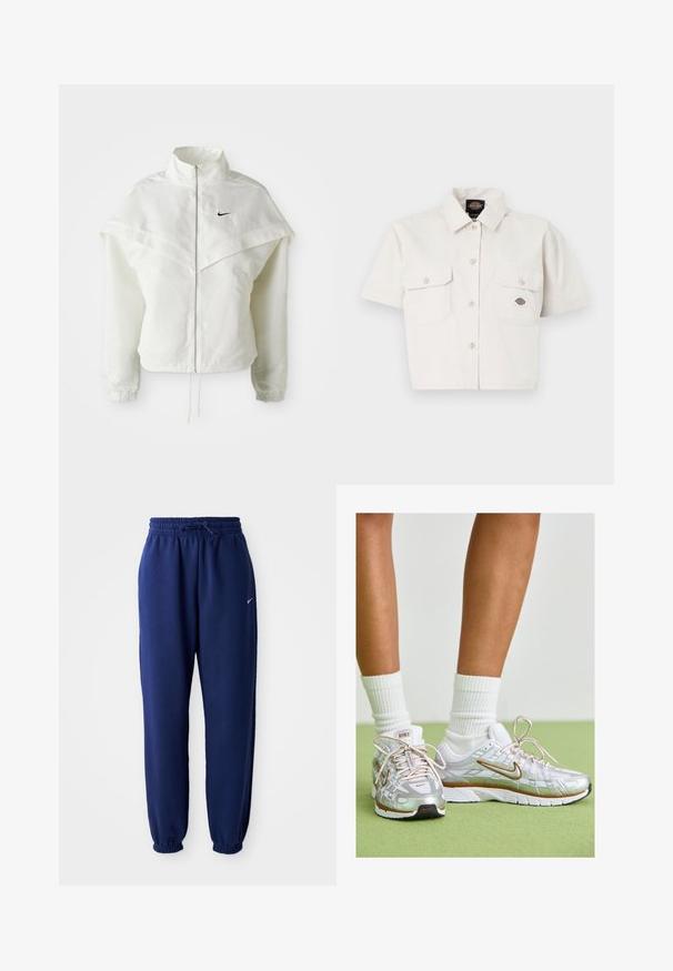 Hvit langermet jakke med glidelås og høy krage, kappe-lignende detaljer over skuldrene, elastiske mansjetter, og liten svart Nike-logo på brystet.; Kortermet, kort topp i hvit bomull med to brystlommer, knappestolpe foran og et logo-merke på venstre lomme.; Mørkeblå joggebukser laget av mykt stoff, med elastisk linning med snøring, elastiske mansjetter og en liten hvit logo.; Sølvsportssko med hvite og gullfarger, som har et mesh-overdel, gummisåle og en reflekterende finish. Sokker synlige over ankelen.