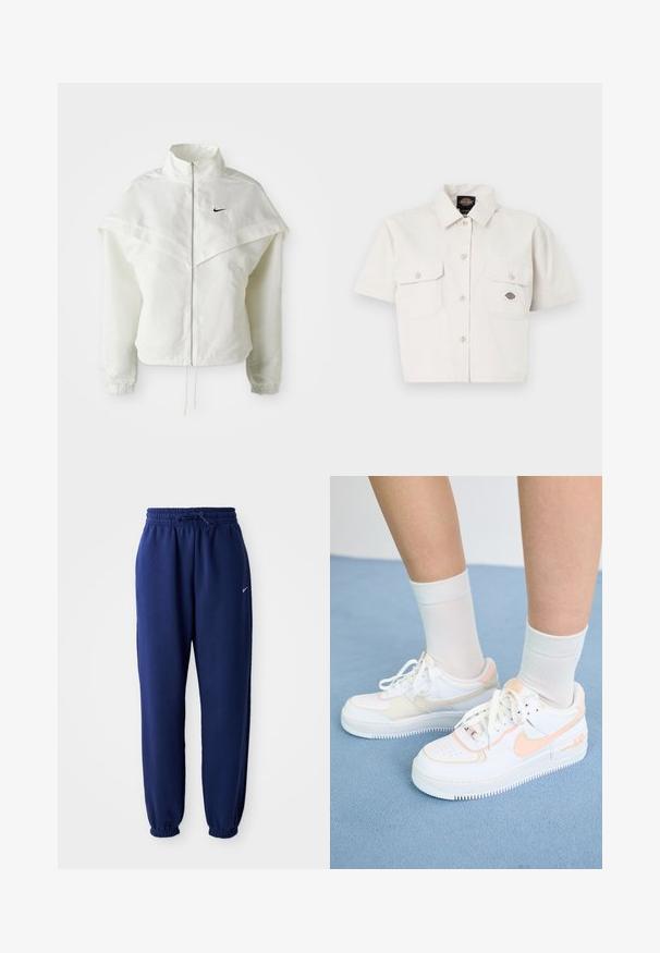 Jachetă albă cu mâneci lungi, cu fermoar, guler înalt, detalii asemănătoare unei capele pe umeri, manșete elastice și un mic logo Nike negru pe piept.; Cămașă albă scurtă, din bumbac, cu mâneci scurte, croptă, cu două buzunare pe piept, închidere cu butoane pe față și un patch cu logo pe buzunarul din stânga.; Pantaloni de sport bleumarin, confecționați dintr-un material moale, având o talie elastică cu șnur, manșete elastice și un mic logo alb.; Adidași albaștri cu accente piersici, superior din piele netedă, vârf perforat, talpă texturată și șireturi. Purtați cu șosete albe până la glezna pe o suprafață albastră.
