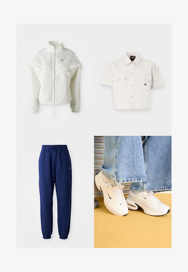 Hvit langermet jakke med glidelås og høy krage, kappe-lignende detaljer over skuldrene, elastiske mansjetter, og liten svart Nike-logo på brystet.; Kortermet, kort topp i hvit bomull med to brystlommer, knappestolpe foran og et logo-merke på venstre lomme.; Mørkeblå joggebukser laget av mykt stoff, med elastisk linning med snøring, elastiske mansjetter og en liten hvit logo.; Hvite Nike-sneakers med teksturert design, svarte aksenter og luftdemping. Plassert under lys blå denim med flagrende kanter.