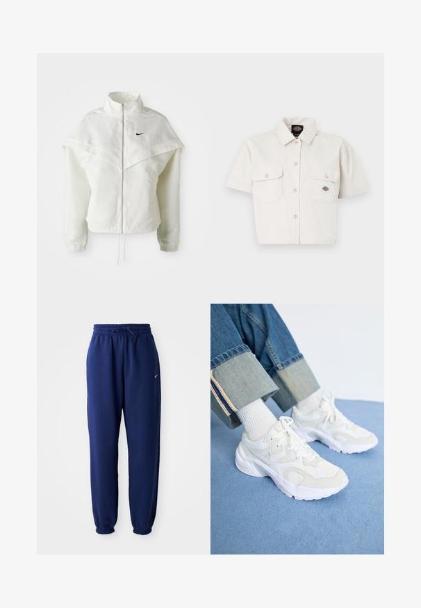 Valge pikkade varrukatega tõmblukuga jakk kõrge kraega, kätetooted, mis meenutavad katet õlgadel, elastsete mansettidega ja väikese musta Nike logoga rinnal.; Lühikeste varrukatega, lühikeseks lõigatud valgest puuvillast särk, millel on kaks rinnataskut, nööbid ees ja logopatch vasakus taskus.; Tumesinine dressipluus, mis on valmistatud pehmest kangast, elastse vöökoha ja nööriga, elastsete mansettide ning väikese valge logoga.; Valged sportlikud jalatsid, mis on valmistatud verkkost ja sünteetilistest materjalidest, pakuvad paksu tallaga ja tekstuuriga disaini ning on kombineeritud valgete ribikätistega sokkidega.