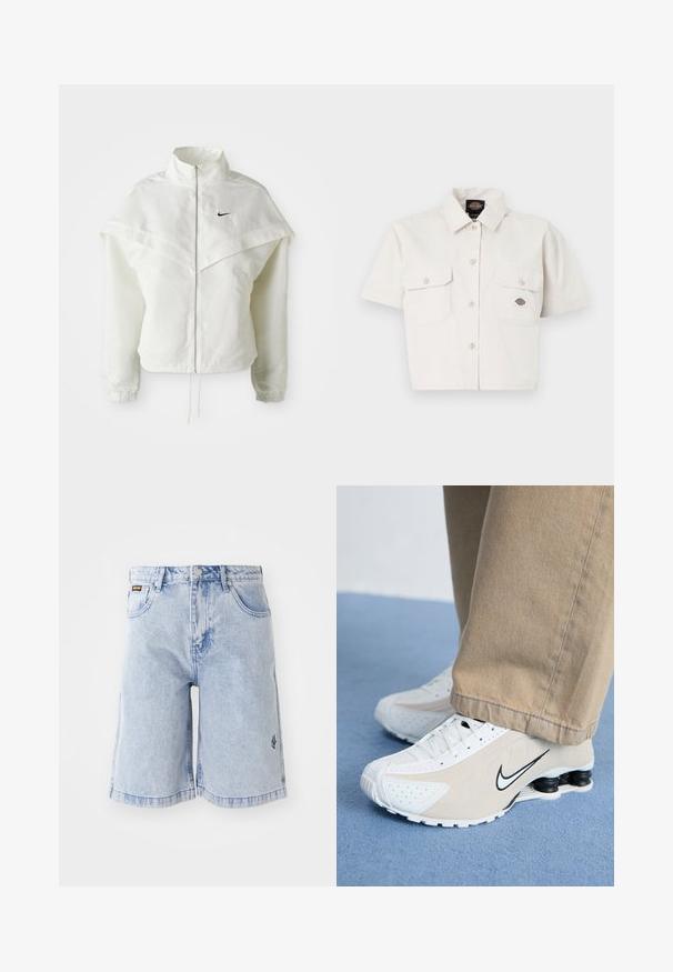 Bjela jakna dugih rukava s patentnim zatvaračem i visokim ovratnikom, s kapastim detaljima preko ramena, elastičnim manžetama i malim crnim Nike logom na prsima.; Kratki rukavi, skraćena bijela majica od pamuka s dva džepa na prsima, dugmad s prednje strane i logotipom na lijevom džepu.; Svijetloplavi traper šorts s visokim strukom, širokog kroja i prednjim džepovima. Ukrasno šivanje i logotip branda izvezeni sa strane.; Bijele i bež Nike tenisice s perforiranim dizajnom, crnim Swoosh logotipom, teksturiranim gornjim dijelom i prepoznatljivim proljetnim crnim potplatom.