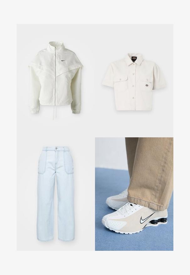 White long-sleeve zip-up jacket with high collar, cape-like detail across shoulders, elastic cuffs, and small black Nike logo on chest.; Short-sleeve, cropped white shirt made of cotton with two chest pockets, button-down front, and a logo patch on the left pocket.; Light blue wide-leg jeans made from denim, featuring a front button closure, two side pockets, and visible stitching details.; White and beige Nike sneakers with perforated design, black swoosh logo, textured upper, and distinctive springy black heel.