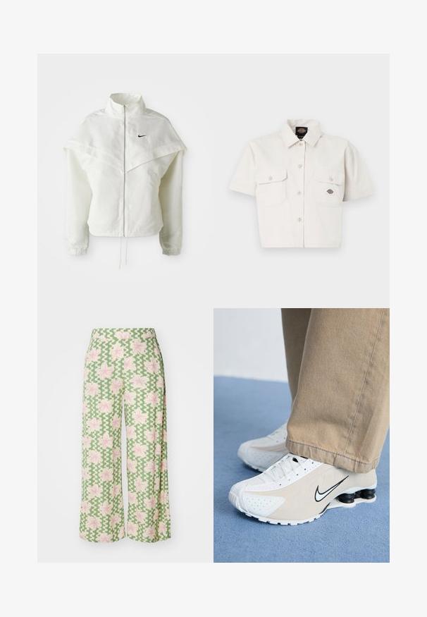Hvit langermet jakke med glidelås og høy krage, kappe-lignende detaljer over skuldrene, elastiske mansjetter, og liten svart Nike-logo på brystet.; Kortermet, kort topp i hvit bomull med to brystlommer, knappestolpe foran og et logo-merke på venstre lomme.; Bredde bukser i et grønt stof med et bølgende mønster og pink blomster. Livremmen er flad, hvilket forbedrer det afslappede design.; Hvide og beige Nike sneakers med perforeret design, sort swoosh-logo, tekstureret overdel og karakteristisk fjederagtig sort hæl.