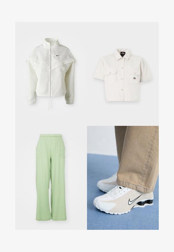 Jachetă albă cu mâneci lungi, cu fermoar, guler înalt, detalii asemănătoare unei capele pe umeri, manșete elastice și un mic logo Nike negru pe piept.; Cămașă albă scurtă, din bumbac, cu mâneci scurte, croptă, cu două buzunare pe piept, închidere cu butoane pe față și un patch cu logo pe buzunarul din stânga.; Pantaloni largi, verde deschis, cu talie elastică, dintr-un material texturat și cu două buzunare frontale. Designul prezintă o croială lejeră.; Adidași Nike albi și bej cu un design perforat, logo Swoosh negru, suprafață texturată și un călcâi elastic distinctiv de culoare neagră.