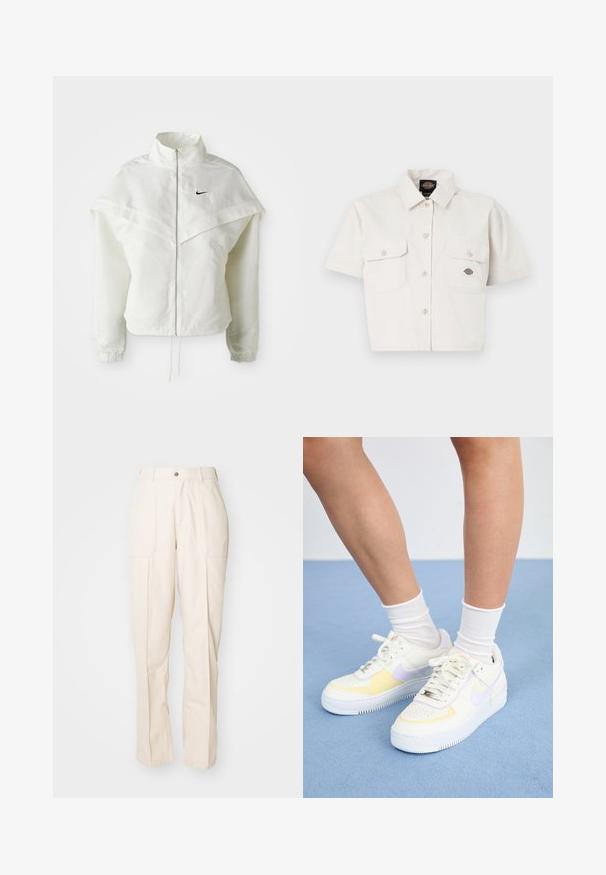Jaqueta branca de mangas longas com fecho éclair e gola alta, detalhe tipo capa nos ombros, punhos elásticos e pequeno logótipo preto da Nike no peito.; Camisa branca de algodão, de mangas curtas e cropped, com dois bolsos no peito, fecho de botões na frente e um patch com logotipo no bolso esquerdo.; Calças beiges de perna reta feitas de tecido de algodão misto. Apresenta dois bolsos frontais, fecho com botão e detalhes de costura visíveis.; Sneakers de couro branco com detalhes em amarelo e lavanda, bico arredondado, cadarços planos e sola de borracha texturizada. Usados com meias brancas.