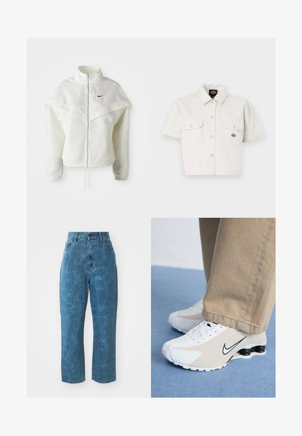 Valge pikkade varrukatega tõmblukuga jakk kõrge kraega, kätetooted, mis meenutavad katet õlgadel, elastsete mansettidega ja väikese musta Nike logoga rinnal.; Lühikeste varrukatega, lühikeseks lõigatud valgest puuvillast särk, millel on kaks rinnataskut, nööbid ees ja logopatch vasakus taskus.; Heledad sinine teksapüksid, millel on peene mustriga tekstuur, kõrge vöökoht ja sirge lõige. Esiküljel on nupuga ja tõmblukuga sulgemine.; Valged ja beežid Nike'i tossud, millel on perforatsioonimuster, must swoosh-logo, tekstuurne pealis ja eriline veniv must konts.