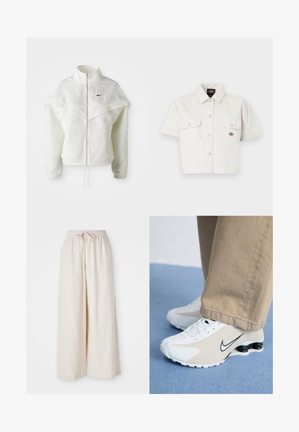 Biała, długozapinana kurtka na zamek z wysokim kołnierzem, z pelerynowym detalem na ramionach, elastycznymi mankietami i małym czarnym logo Nike na piersi.; Krótki rękaw, krótka biała koszula z bawełny z dwoma kieszeniami na piersi, zapinana na guziki z logo na lewej kieszeni.; Szerokie, kremowe spodnie z elastycznym paskiem i sznurkiem. Gładki, lekki materiał lniany, bez widocznych wzorów czy elementów metalowych.; Białe i beżowe sneakersy Nike z perforowanym wzorem, czarnym logo swoosh, teksturowaną cholewką oraz charakterystycznym sprężystym czarnym obcasem.