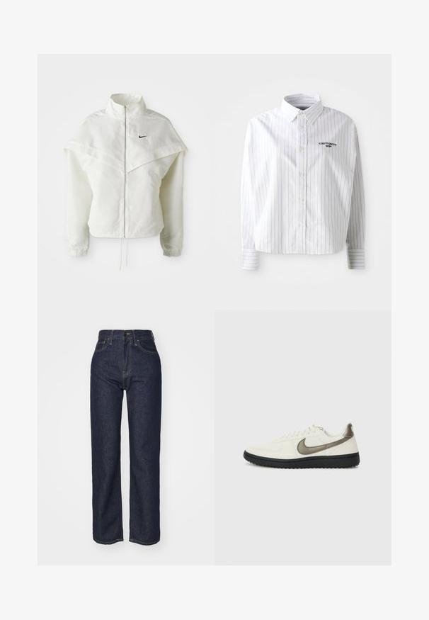 Jaqueta branca de mangas longas com fecho éclair e gola alta, detalhe tipo capa nos ombros, punhos elásticos e pequeno logótipo preto da Nike no peito.; Camisa de manga longa branca com riscas cinzentas verticais, colarinho com botões e logotipo no peito esquerdo. Tecido macio com um corte descontraído.; Calças de ganga de dieta escura, com cintura alta, design de perna reta, costura visível, cinco bolsos e fecho de botão na frente.; Nike Sportswear FIELD GENERAL - Sapatilhas - off-white/black