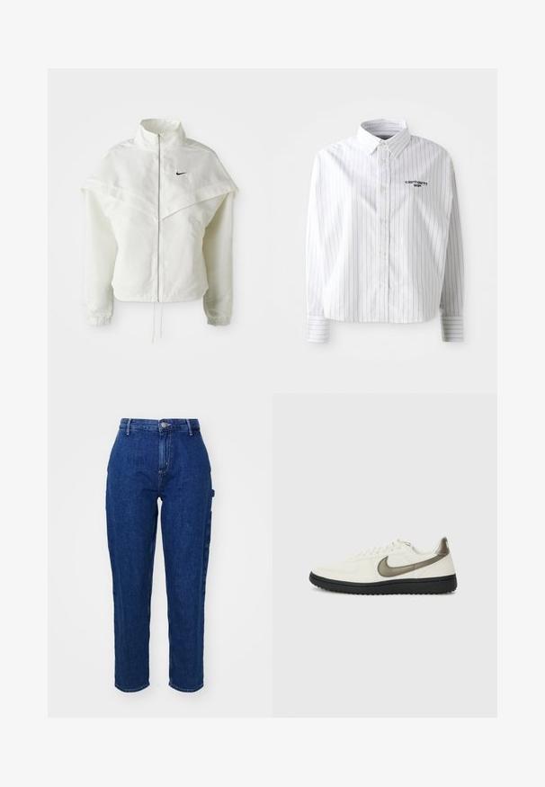 Fehér, hosszú ujjú, zipzáras dzseki magas gallérral, a vállakon lebegő, köpenyszerű résszel, rugalmas mandzsettákkal és kis fekete Nike logóval a mellkason.; Fehér, hosszú ujjú ing függőleges szürke csíkokkal, gombos gallérral és bal oldali mellkasi logóval. Puha anyag, laza szabással.; Sötétkék farmernadrág magas derekkal, egyenes szárú szabással, elöl gombos záródással és oldalsó zsebekkel. Sima tapintású, enyhén rugalmas anyag.; Nike Sportswear FIELD GENERAL - Sportcipő - off-white/black