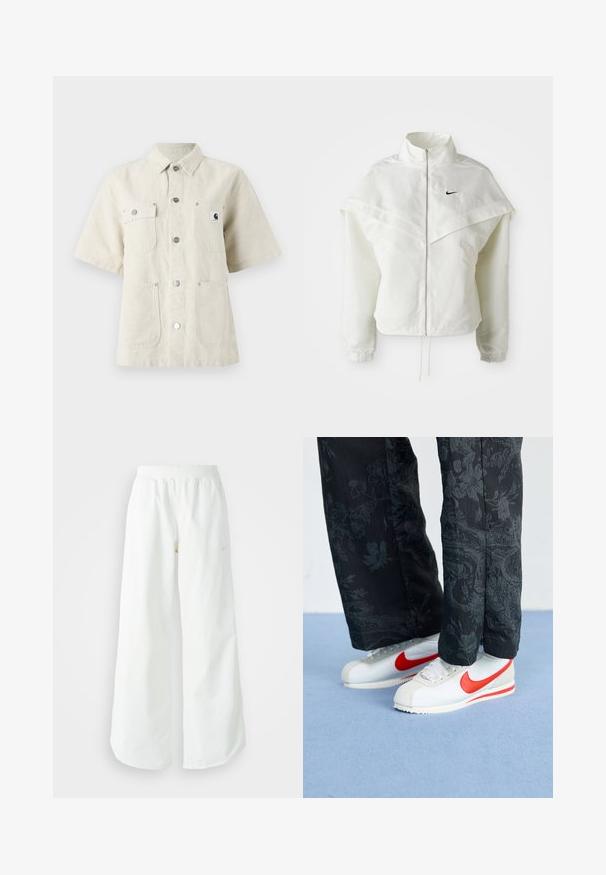 Veste zippée à manches longues blanche avec col haut, détail de type cape sur les épaules, poignets élastiques et petit logo Nike noir sur la poitrine.; Chemise à manches courtes en tissu beige clair, avec un col pointu, des boutons sur le devant, deux poches sur la poitrine et un petit patch logo sur la gauche.; Pantalons de sport larges blancs avec une taille côtelée et un discret logo. Tissu lisse avec une coupe décontractée et un bas effilé.; Baskets Nike blanches avec des accents rouges, associées à un pantalon noir à motif floral. La texture est lisse avec une semelle tressée plate.