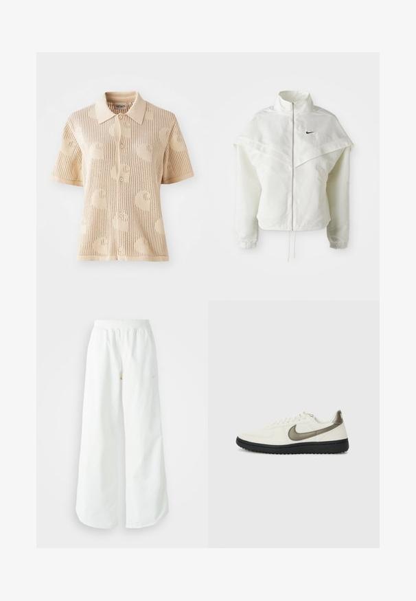 Veste zippée à manches longues blanche avec col haut, détail de type cape sur les épaules, poignets élastiques et petit logo Nike noir sur la poitrine.; Polo en tricot beige à manches courtes, présentant une texture à motif et une fermeture à cinq boutons. Léger avec un design respirant.; Pantalons de sport larges blancs avec une taille côtelée et un discret logo. Tissu lisse avec une coupe décontractée et un bas effilé.; Nike Sportswear FIELD GENERAL - Baskets basses - off-white/black