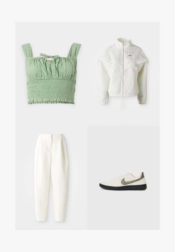 Jaqueta branca de mangas longas com fecho éclair e gola alta, detalhe tipo capa nos ombros, punhos elásticos e pequeno logótipo preto da Nike no peito.; Top cropped verde claro com textura franzida, alças largas e decote amarrado. Apresenta tecido pregueado para um ajuste descontraído.; Calças brancas de cintura alta e corte tapered com fecho frontal oculto e bolsos laterais, exibidas contra um fundo branco liso.; Nike Sportswear FIELD GENERAL - Sapatilhas - off-white/black
