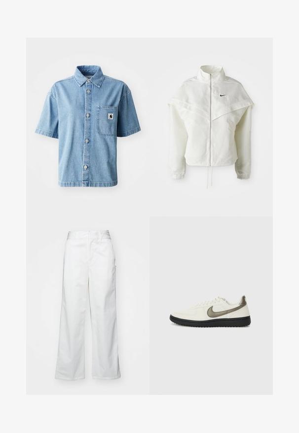 White long-sleeve zip-up jacket with high collar, cape-like detail across shoulders, elastic cuffs, and small black Nike logo on chest.; Short-sleeve denim shirt in light blue, featuring a button-up front, pointed collar, single chest pocket, and metal buttons.; White wide-leg trousers made from cotton, featuring a smooth texture, straight fit, front pockets, and a clean hem.; Nike Sportswear FIELD GENERAL - Trainers - off-white/black