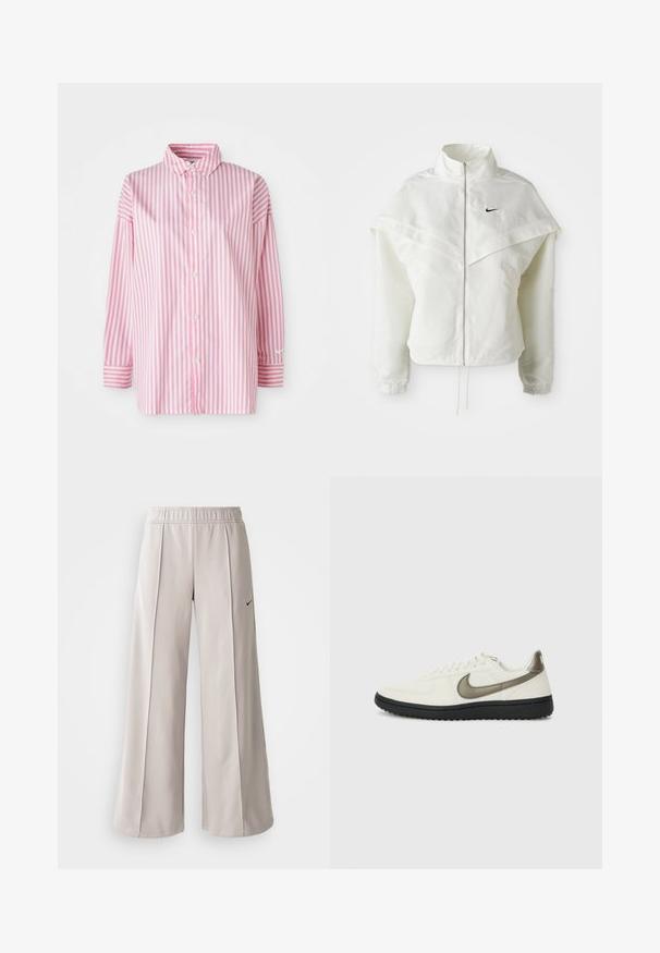 Bjela jakna dugih rukava s patentnim zatvaračem i visokim ovratnikom, s kapastim detaljima preko ramena, elastičnim manžetama i malim crnim Nike logom na prsima.; Prugasta košulja s dugim rukavima, koja ima vertikalne ružičaste i bijele pruge, manžetama i klasičnom ovratniku. Izrađena od lagane tkanine.; Skraćeni majica u svijetlo ružičastoj boji, izrađena od mekog materijala. Ima okrugli izrez i kratke rukave s malim bijelim Nike logotipom na prsima.; Svijetlosive hlače širokih nogavica od glatkog materijala. Imaju elastičnu traku u struku i crni Nike logo na lijevoj strani.; Nike Sportswear FIELD GENERAL - Tenisice - off-white/black