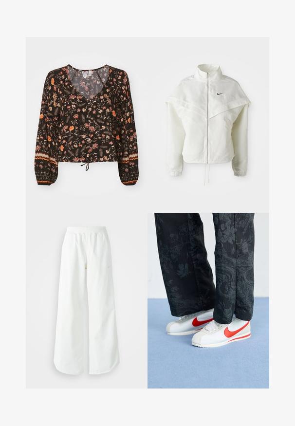 Weiße langärmlige Zip-Jacke mit hohem Kragen, cape-artigem Detail über den Schultern, elastischen Bündchen und kleinem schwarzen Nike-Logo auf der Brust.; Schwarze Bluse mit floralem Muster, V-Ausschnitt, langen voluminösen Ärmeln und gerafften Bündchen. Mit bunten Mustern und einem gebundenen Saum für einen cropped Look.; Weiße, weit geschnittene Sporthose mit einem gerippten Bund und dezentem Logo-Detail. Glattes Material mit lockerer Passform und schmal zulaufendem Saum.; Weiße Nike-Sneaker mit roten Akzenten, kombiniert mit schwarzen Hosen, die ein florales Muster aufweisen. Die Textur ist glatt mit einer flachen geflochtenen Sohle.