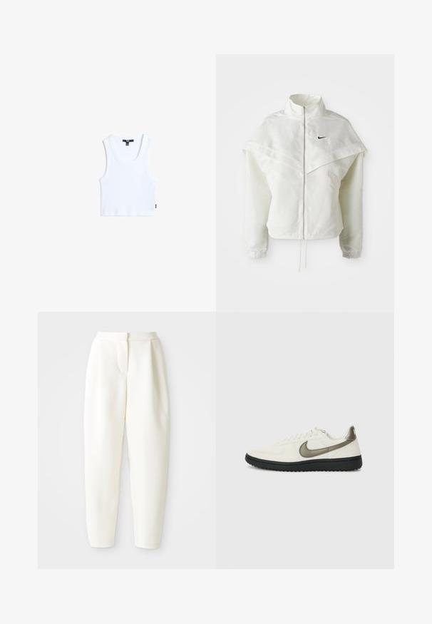 Hvid langærmet zip-up jakke med høj krave, kappe-lignende detaljer over skuldrene, elastiske manchetter og lille sort Nike-logo på brystet.; Hvid bomulds tanktop med ribbet tekstur, rund halsudskæring og brede skulderstropper. Har et lille mærketag på kanten.; Højtaljede tapered hvide bukser med skjult frontlukning og sidelommer, vist på en ensfarvet hvid baggrund.; Nike Sportswear FIELD GENERAL - Sneakers - off-white/black