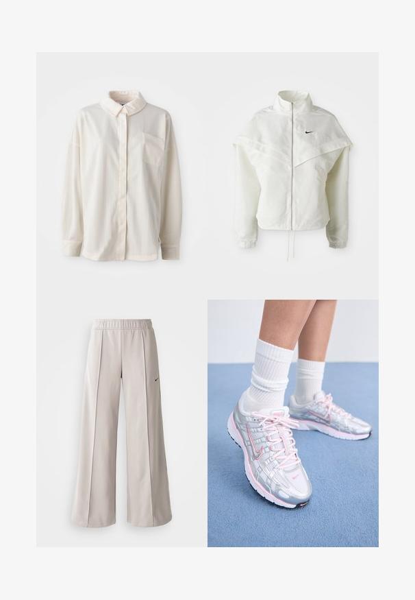 Hvit langermet jakke med glidelås og høy krage, kappe-lignende detaljer over skuldrene, elastiske mansjetter, og liten svart Nike-logo på brystet.; Hvit krage med knappeskjorte i vertikale striper, lange ermer, enkelt brystlomme, laget av glatt stoff med en myk tekstur.; Lys grå vide bukser lavet af glat stof. Har en elastisk talje og sort Nike-logo på venstre side.; Nike løpesko med en sølvfarget mesh-overdel og rosa aksenter, hvite snørebånd og en teksturert såle. Brukt med hvite bomullstrømper for trening.