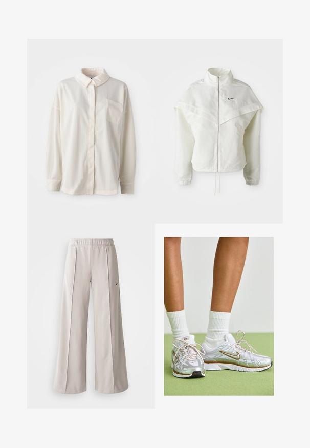 Veste zippée à manches longues blanche avec col haut, détail de type cape sur les épaules, poignets élastiques et petit logo Nike noir sur la poitrine.; Chemise à col blanc, à boutons, avec des rayures verticales, à manches longues, poche poitrine simple, en tissu lisse avec une texture douce.; Pantalons larges gris clair en tissu lisse. Comprend une taille élastique et un logo Nike noir sur le côté gauche.; Baskets athlétiques argentées avec des accents blancs et dorés, dotées d'un dessus en maille, d'une semelle en caoutchouc et d'une finition réfléchissante. Chaussettes visibles au-dessus de la cheville.
