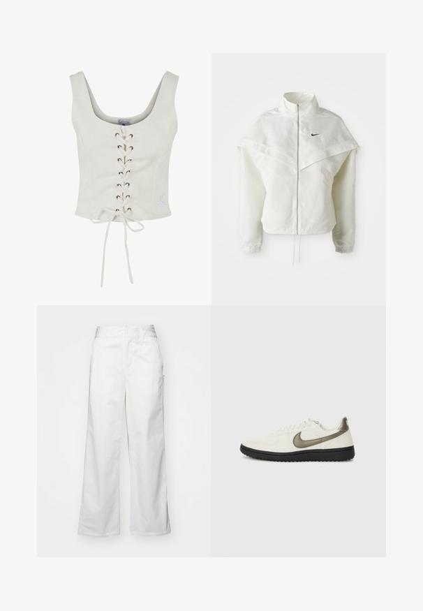 Valge pikkade varrukatega tõmblukuga jakk kõrge kraega, kätetooted, mis meenutavad katet õlgadel, elastsete mansettidega ja väikese musta Nike logoga rinnal.; Valge lühikeste varrukate ja laia rihmaga lühike topp, millel on paeltega esiosa pruunide silmadega ja seotav vöödetail. Pehme kangas ja minimalistik disain.; Valged laiad püksid, mis on valmistatud puuvillast, omavad siledat tekstuuri, sirget lõiget, eesmine taskud ja puhtad äärised.; Nike Sportswear FIELD GENERAL - Tossud - off-white/black