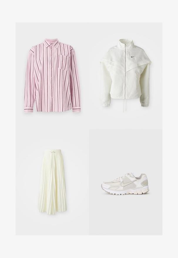 White long-sleeve zip-up jacket with high collar, cape-like detail across shoulders, elastic cuffs, and small black Nike logo on chest.; Pink vertically striped shirt made of lightweight fabric. Features a button-down front, single chest pocket, and cuffed long sleeves.; Pleated midi skirt in light yellow fabric, featuring an elastic waistband with a tie, smooth texture, and vertical stripes for added detail.; White athletic shoe with mesh and synthetic materials. Features a textured design, padded collar, and geometric accents on the heel.