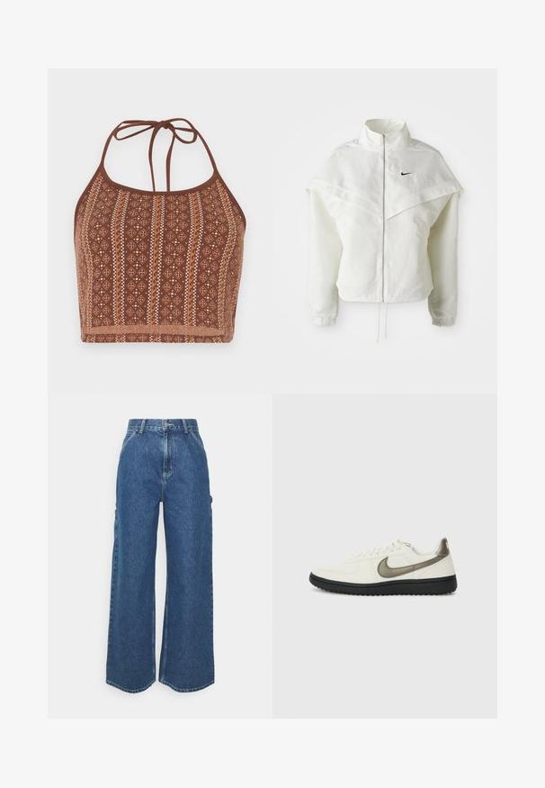 Jaqueta branca de mangas longas com fecho éclair e gola alta, detalhe tipo capa nos ombros, punhos elásticos e pequeno logótipo preto da Nike no peito.; Top cropped halter com padrão castanho apresentando designs geométricos com acentos off-white, laços ajustáveis no pescoço e um acabamento texturizado suave.; Calças de ganga azuis de perna larga com cintura alta, costuras em contraste e bolsos laterais, apresentando um design clássico de cinco bolsos e bainhas desfiadas.; Nike Sportswear FIELD GENERAL - Sapatilhas - off-white/black