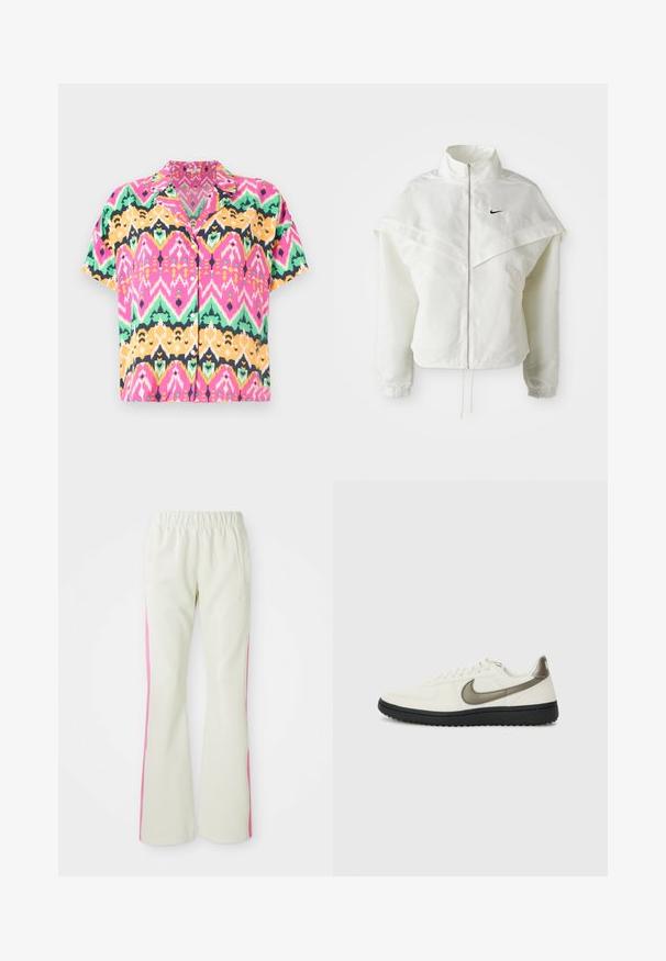 White long-sleeve zip-up jacket with high collar, cape-like detail across shoulders, elastic cuffs, and small black Nike logo on chest.; Short-sleeve shirt featuring a vibrant multicolor zigzag pattern in pink, green, yellow, and black. Made from lightweight fabric with a collared neckline.; Light beige pants with an elastic waistband, featuring pink side panels and side pockets. Smooth texture with a straight-leg design.; Nike Sportswear FIELD GENERAL - Trainers - off-white/black