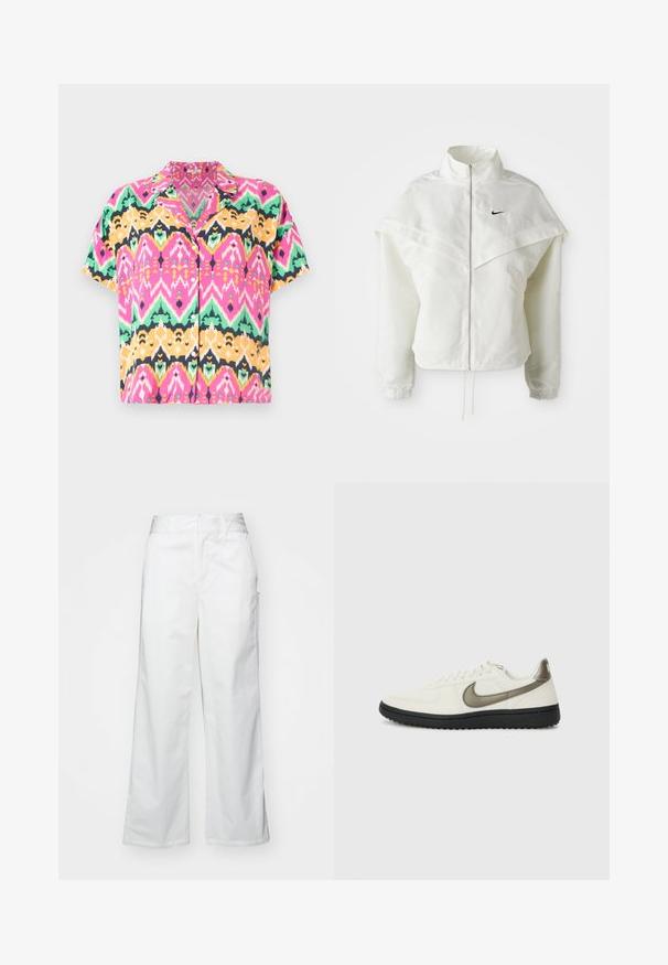 Jachetă albă cu mâneci lungi, cu fermoar, guler înalt, detalii asemănătoare unei capele pe umeri, manșete elastice și un mic logo Nike negru pe piept.; Cămașă cu mânecă scurtă, prezentând un model zigzag multicolor vibrant în nuanțe de roz, verde, galben și negru. Fabricată dintr-un material ușor, cu guler.; Pantaloni largi albi din bumbac, cu o textură fină, croi drept, buzunare frontale și tiv curat.; Nike Sportswear FIELD GENERAL - Sneakers low - off-white/black