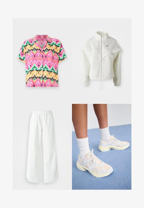 Hvid langærmet zip-up jakke med høj krave, kappe-lignende detaljer over skuldrene, elastiske manchetter og lille sort Nike-logo på brystet.; Kortærmet skjorte med et livligt multicolor zigzag-mønster i pink, grøn, gul og sort. Fremstillet af letvægtsstof med krave.; Hvide athletic bukser med vidde, ribbet talje og subtile logo detaljer. Glat stof med en afslappet pasform og tapered hals.; Slanke atletiske sko i lys gul og hvid, med mesh- og syntetiske materialer, en rund form og teksturerede såler.