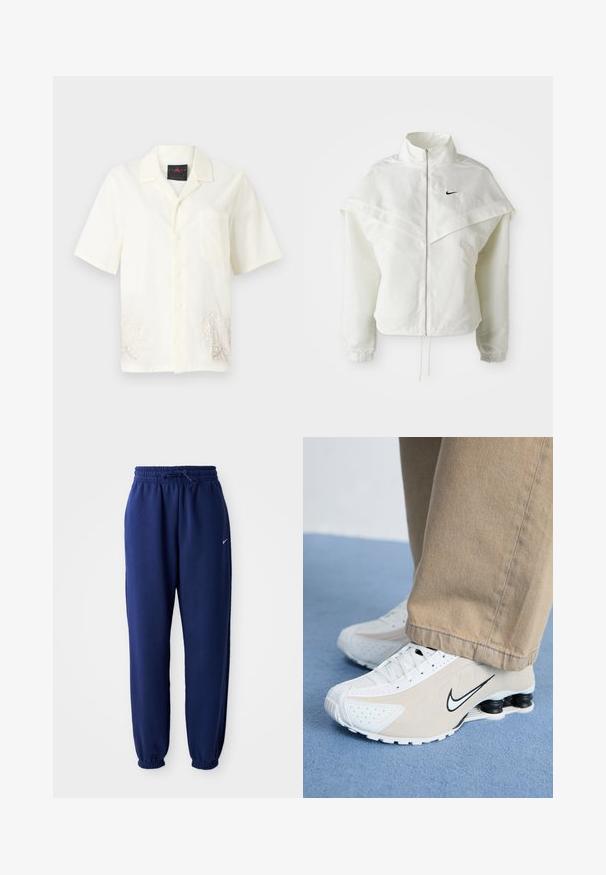 Jachetă albă cu mâneci lungi, cu fermoar, guler înalt, detalii asemănătoare unei capele pe umeri, manșete elastice și un mic logo Nike negru pe piept.; Cămașă cu mânecă scurtă, cu nasturi, dintr-un material crem, dotată cu un buzunar pe piept și modele florale brodate ușor aproape de tiv. Textură moale.; Pantaloni de sport bleumarin, confecționați dintr-un material moale, având o talie elastică cu șnur, manșete elastice și un mic logo alb.; Adidași Nike albi și bej cu un design perforat, logo Swoosh negru, suprafață texturată și un călcâi elastic distinctiv de culoare neagră.