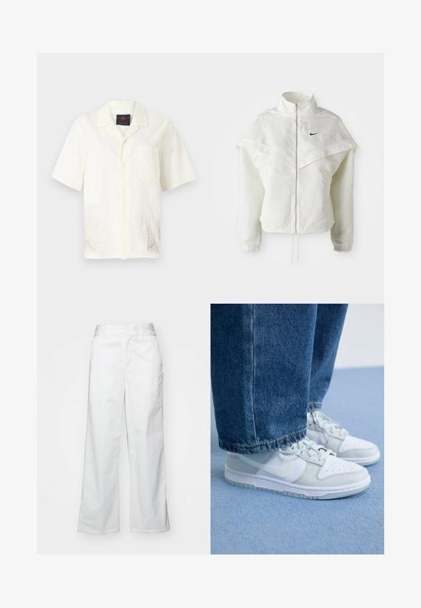 White long-sleeve zip-up jacket with high collar, cape-like detail across shoulders, elastic cuffs, and small black Nike logo on chest.; Short-sleeve, button-up shirt in cream fabric with a chest pocket and light embroidered floral designs near the hem. Soft texture.; White wide-leg trousers made from cotton, featuring a smooth texture, straight fit, front pockets, and a clean hem.; Nike sneakers in white and light gray leather with perforated toe, flat laces, and a rubber sole, paired with blue denim jeans.