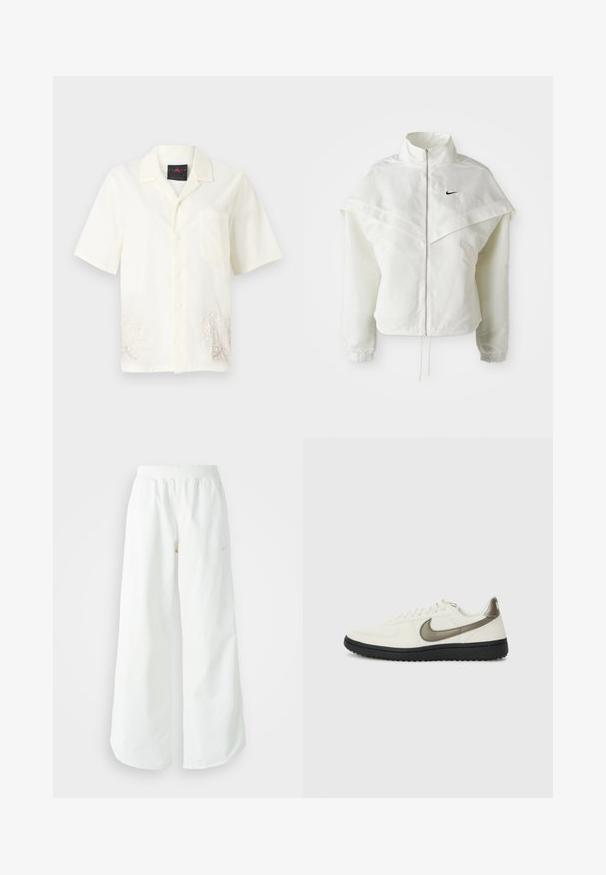Biela bunda s dlhým rukávom na zips a vysokým golierom, s plášťovým detailom cez plecia, elastickými manžetami a malým čiernym logom Nike na hrudi.; Košela s krátkym rukávom, zapínanie na gombíky, v krémovej farbe, s náprsníkovou vreckom a jemne vyšívanými kvetinovými vzormi pri lemovaní. Mäkká textúra.; Biele široké športové nohavice s ribbovaným pásom a jemným logom. Hladká tkanina s uvoľneným strihom a zúženým lemom.; Nike Sportswear FIELD GENERAL - Tenisky - off-white/black